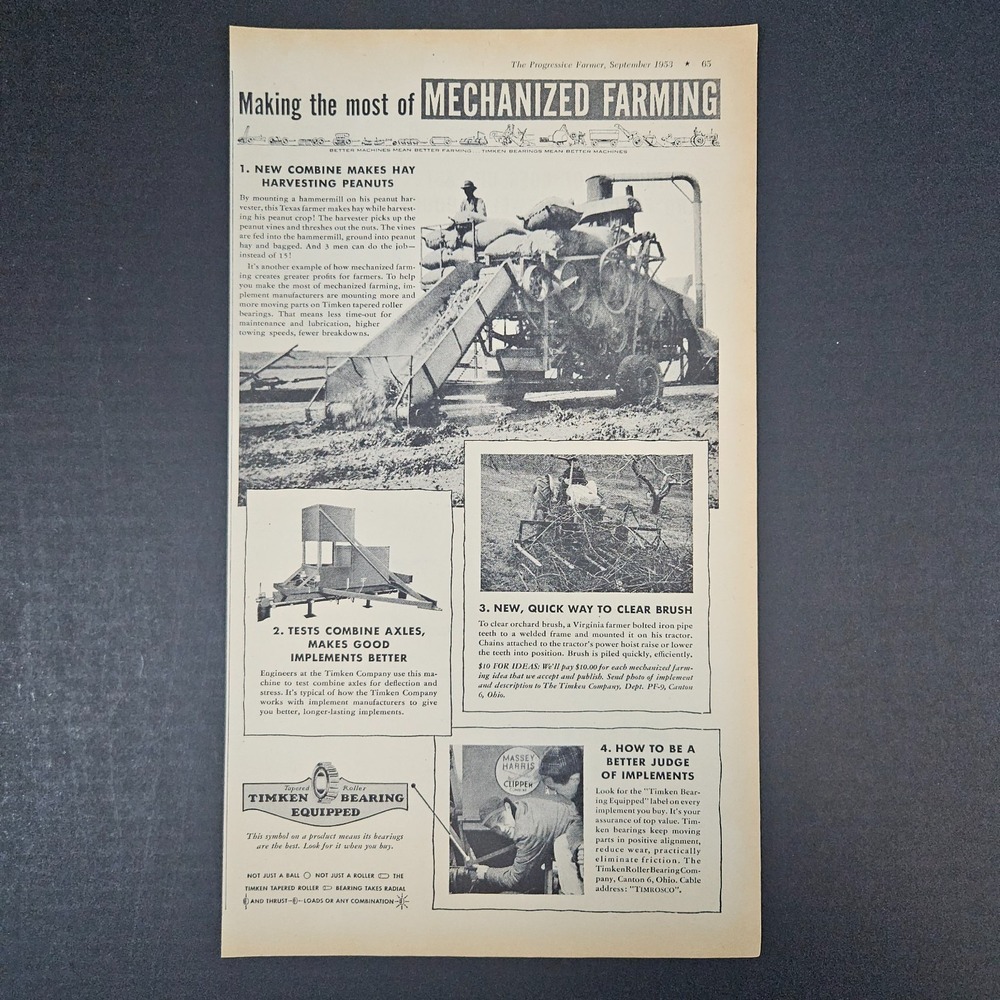 1953 Timken Bearing Equipped Tapered Roller Mechanized Farming Vintage Print Ad